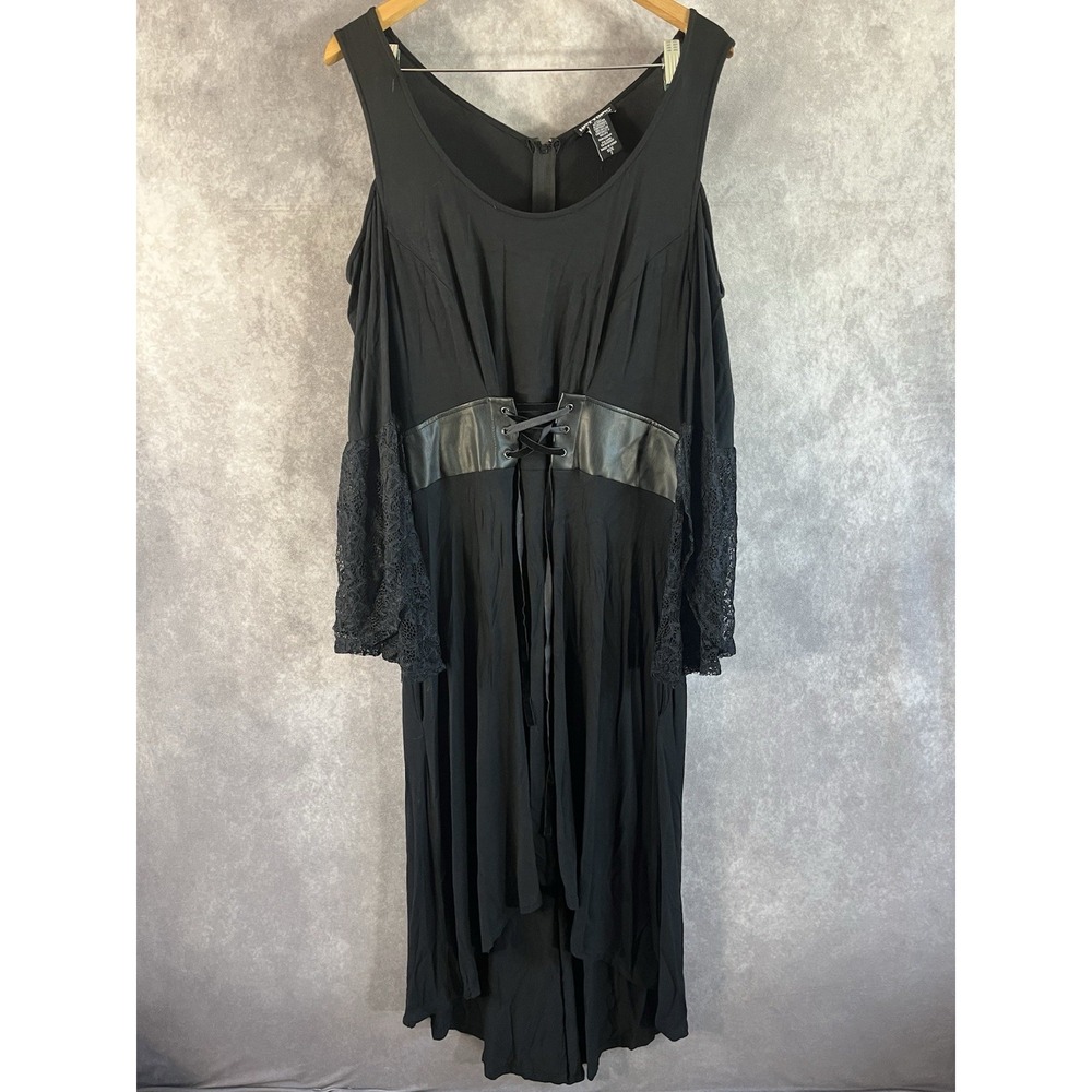 Hot Topic Midi Dress Women 2 Black Faux Leather Corset Cold Shoulder Bell Sleeve